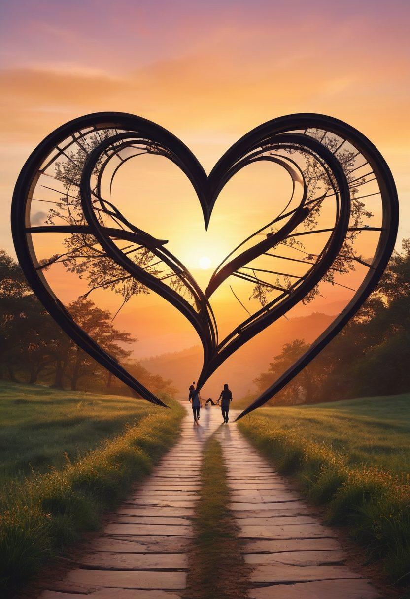 A compass intertwining with a heart, symbolizing guidance in love, set against a serene landscape of intertwining paths leading towards a sunset. Include silhouettes of couples walking together along these paths, embodying connection and commitment. Soft, warm colors to convey romance and warmth. super-realistic. vibrant colors.