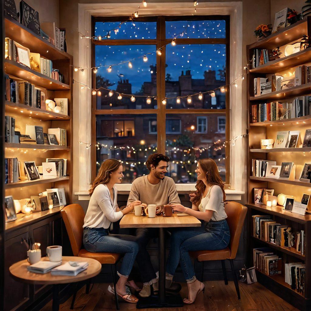 A cozy atmosphere featuring a couple laughing together over coffee in a quaint café, surrounded by soft fairy lights and blooming flowers. In the background, a bookshelf filled with love stories and dating advice books, symbolizing wisdom and connection. Heart icons floating around them to represent love and soulmates. Warm and inviting colors to evoke feelings of joy and affection. super-realistic. vibrant colors. warm tones.