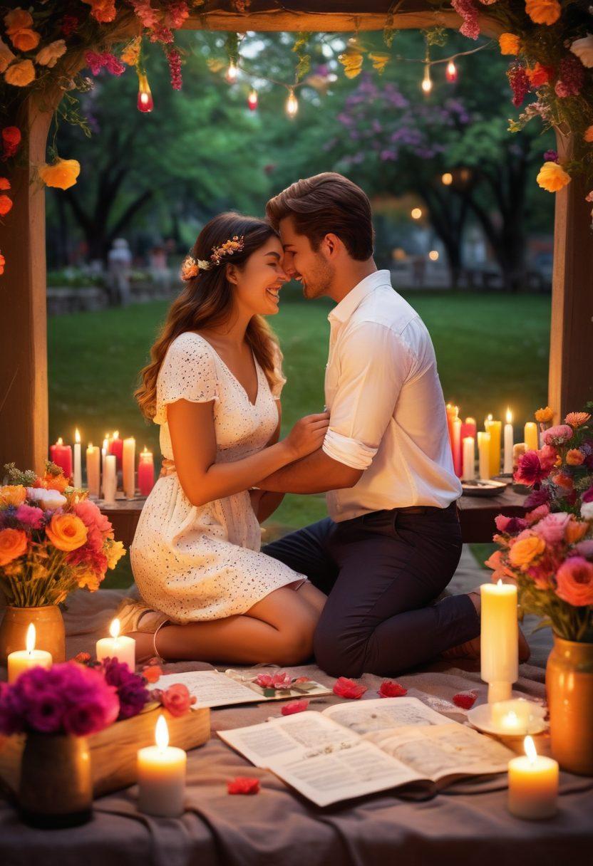 A heartwarming scene featuring diverse couples sharing intimate and joyous moments, adorned with colorful flowers and candles, symbolizing love and affection. In the background, illustrations of handwritten letters and small romantic gestures, like a surprise picnic, highlight inspiring stories. The overall atmosphere should be vibrant and uplifting, evoking a sense of warmth and togetherness. vibrant colors. soft focus. romantic theme.